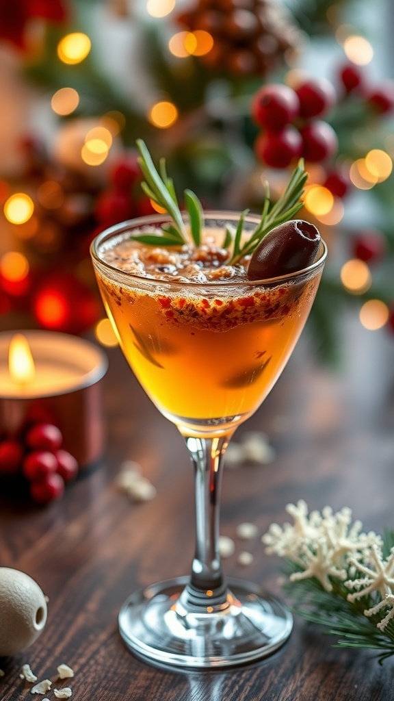 Savory Christmas cocktail in a glass, garnished with herbs and olives, on a festive table.